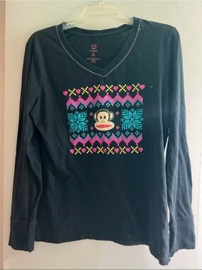 Paul Frank Black Long-Sleeve V-Neck Top with Teal Pink Yellow Motif